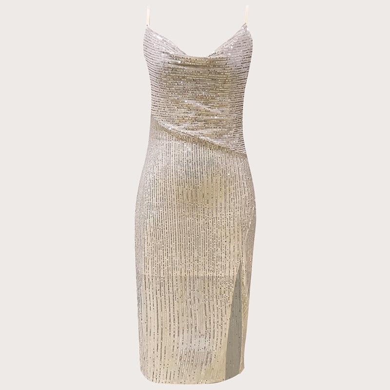 Briella Sexy Bling High Slit to Thigh Drape Sequined Dress - Vestir en Moda