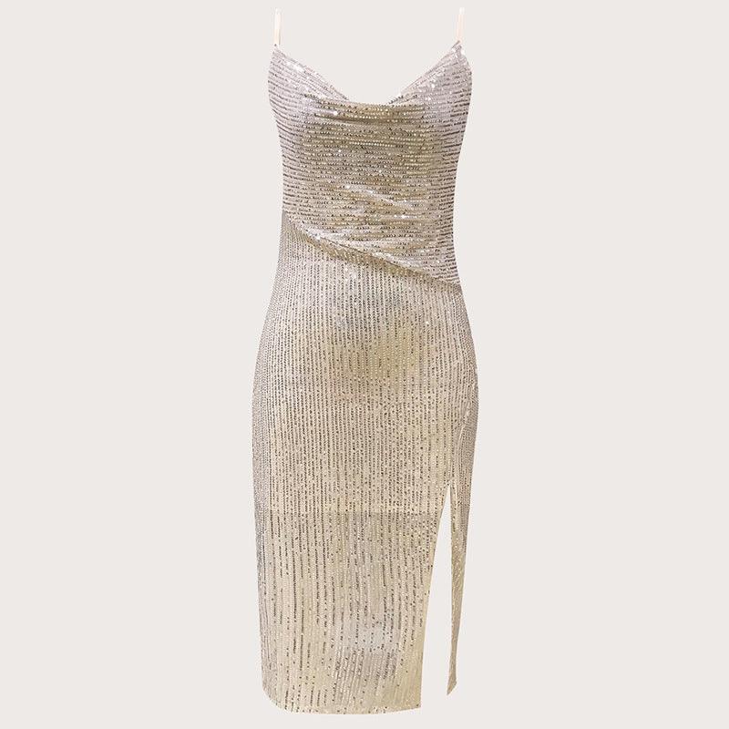 Briella Sexy Bling High Slit to Thigh Drape Sequined Dress - Vestir en Moda