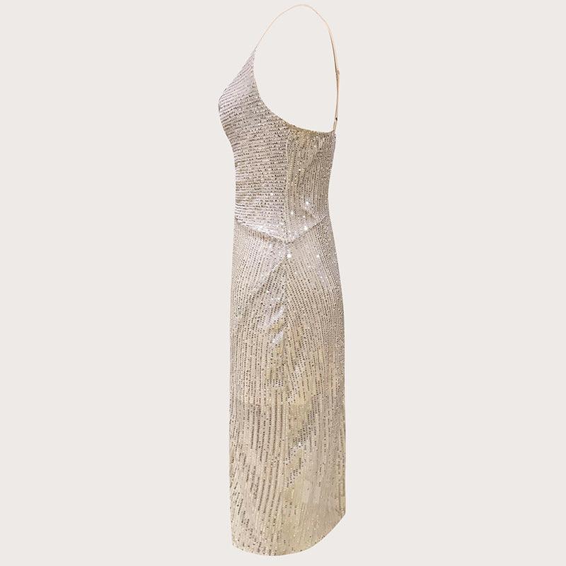 Briella Sexy Bling High Slit to Thigh Drape Sequined Dress - Vestir en Moda