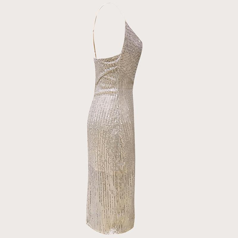 Briella Sexy Bling High Slit to Thigh Drape Sequined Dress - Vestir en Moda