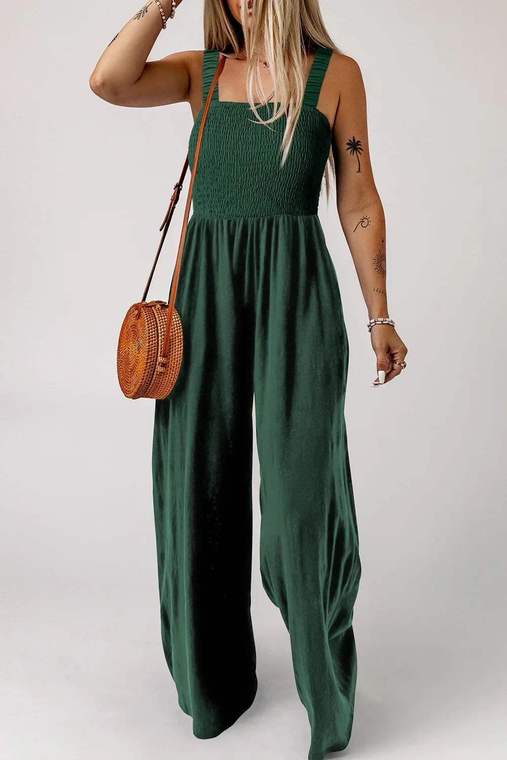 Amanda Green Smocked Sleeveless Wide Leg Jumpsuit with Pockets
