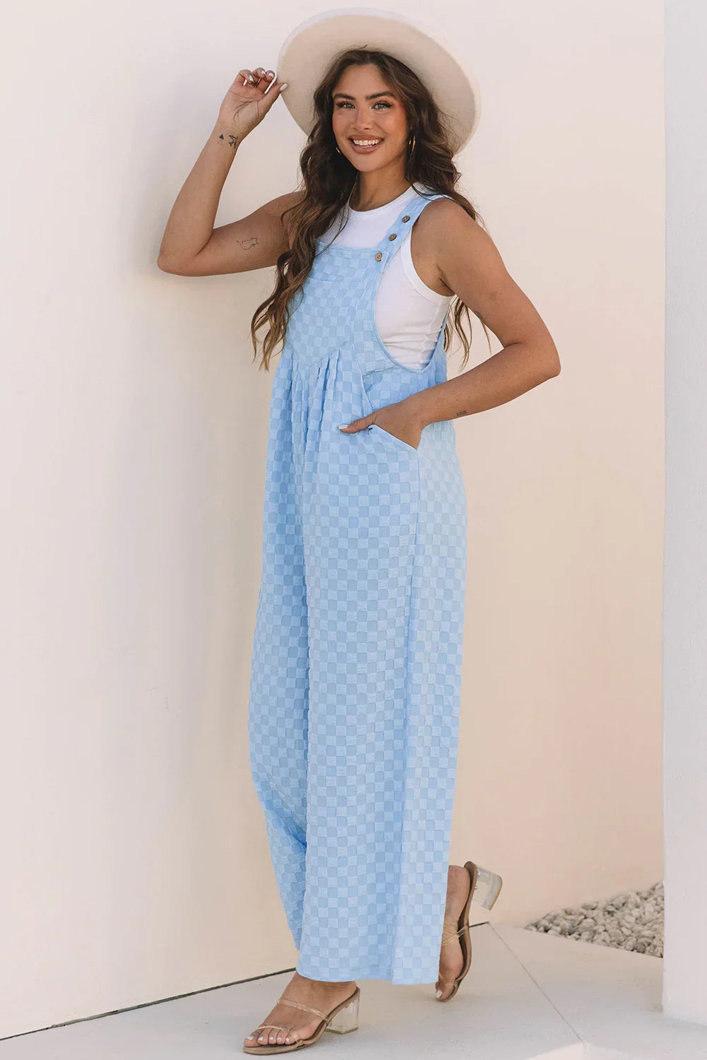 Gates Beau Blue Checkered Pocketed High Waist Wide Leg Overall