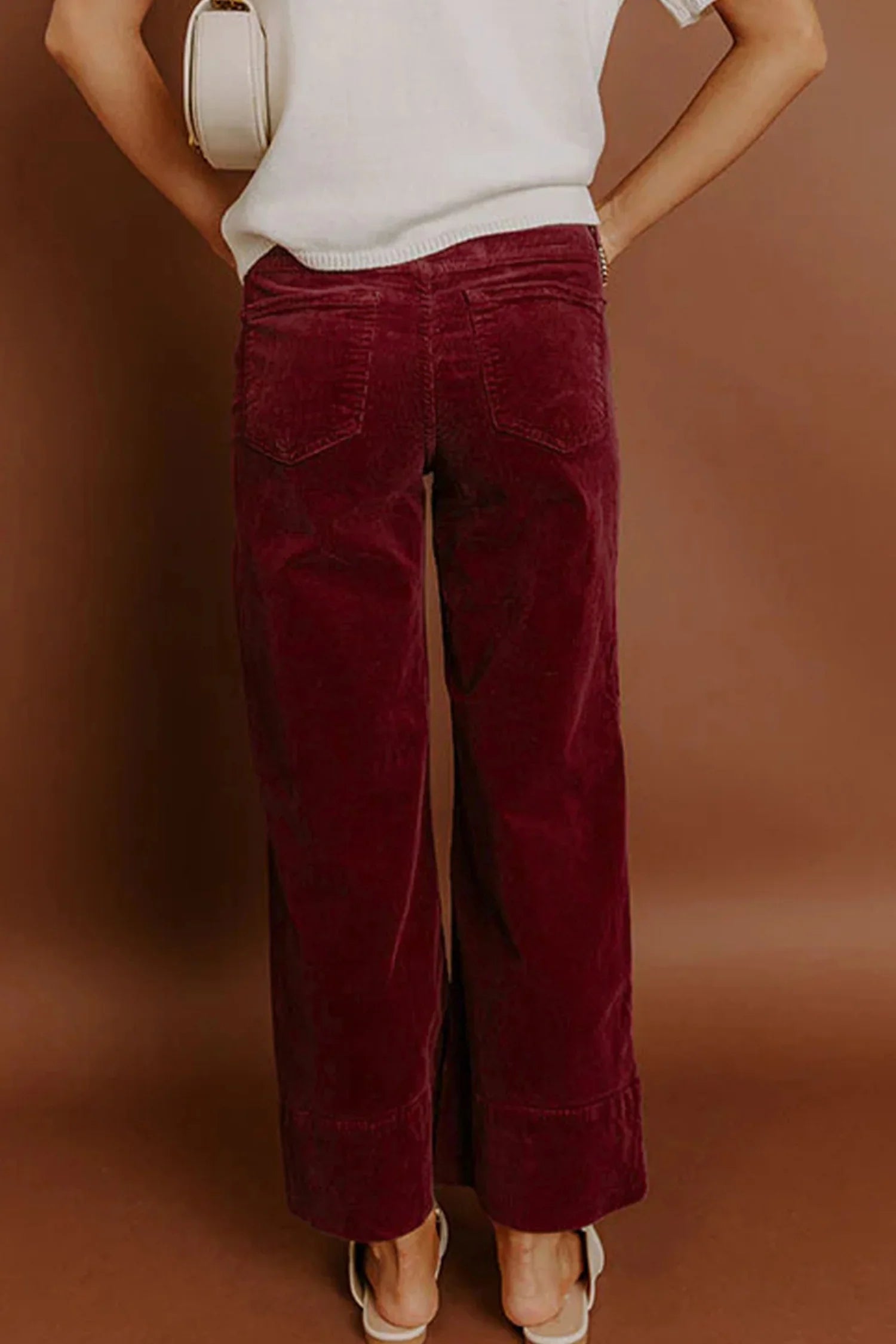 Jady Burgundy Corduroy Solid Color High Waist Wide Leg Pants