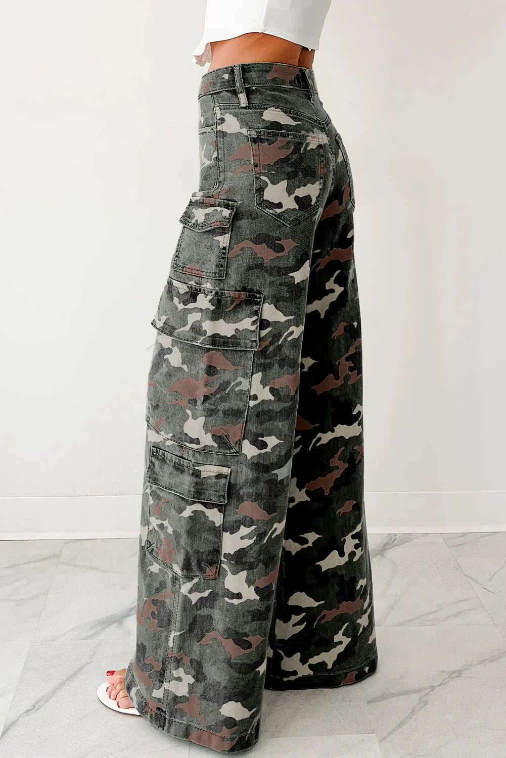 Camo Denim Cargo Wide Leg Pants