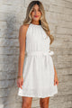 Millan White Lace Sleeveless Knot Hollow Out Back Tied Waist Mini Dress