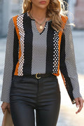Orange Colorblock Notched V Neck Blouse