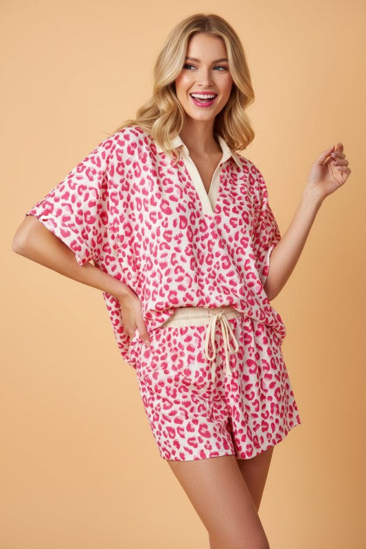 Bulma Leopard Collared V-Neck Two Piece Sets