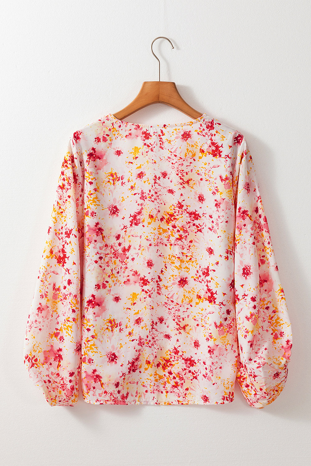 Pink Floral Bubble Sleeve V Neck Blouse