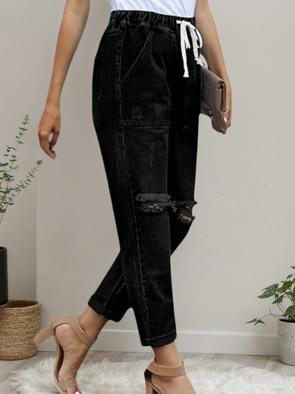 Women’s Distressed Stretch Jeans – Casual Elastic Waist Denim Joggers
