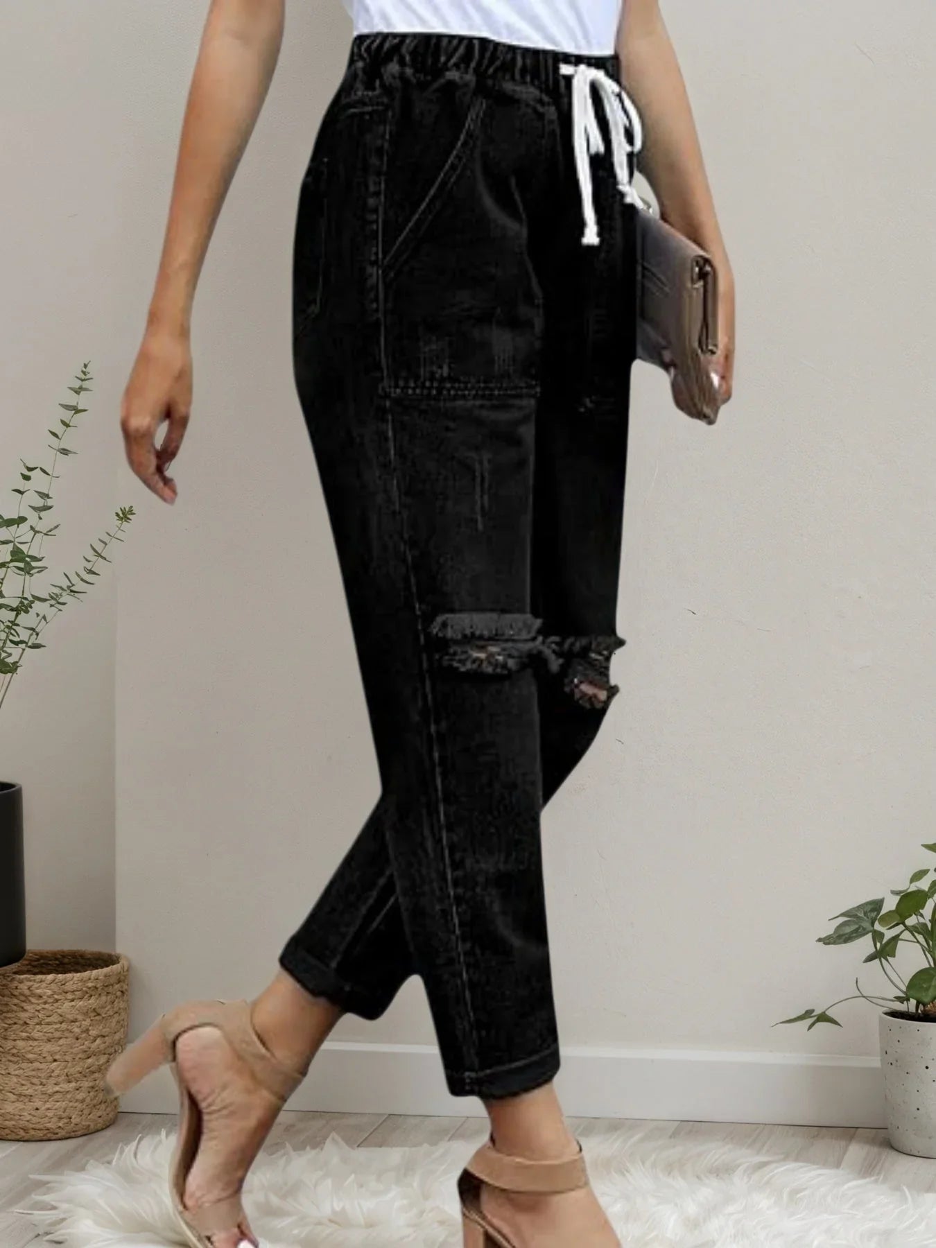 Women’s Distressed Stretch Jeans – Casual Elastic Waist Denim Joggers