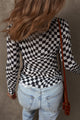 Carla Black Checkered Pattern Mesh Mock Neck Long Sleeve Top