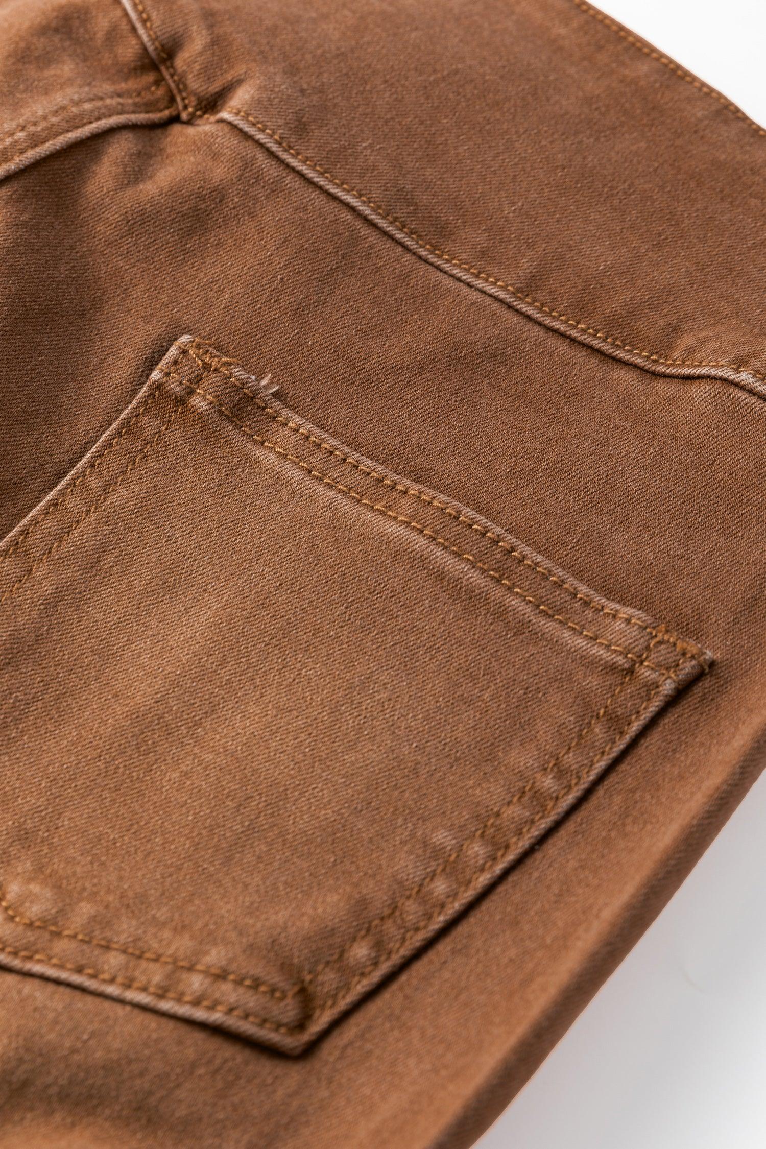 Chersey Coffee High Waist Button Fly Seamed Raw Hem Flare Jeans