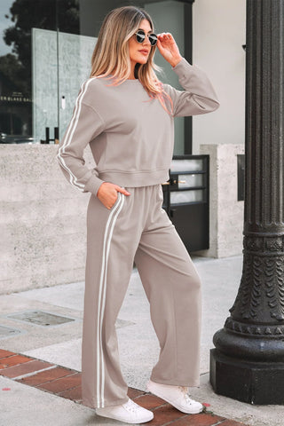 Gray Morn Varsity Striped Detail Crewneck Pullover Two Piece Outfit