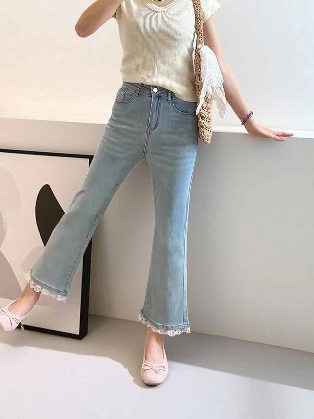 Light Blue Micro-Flare Lace Stretch Jeans for Women