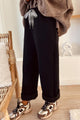 Hellen Black Fleece Lined Leopard Drawstring Elastic Waist Solid Pants
