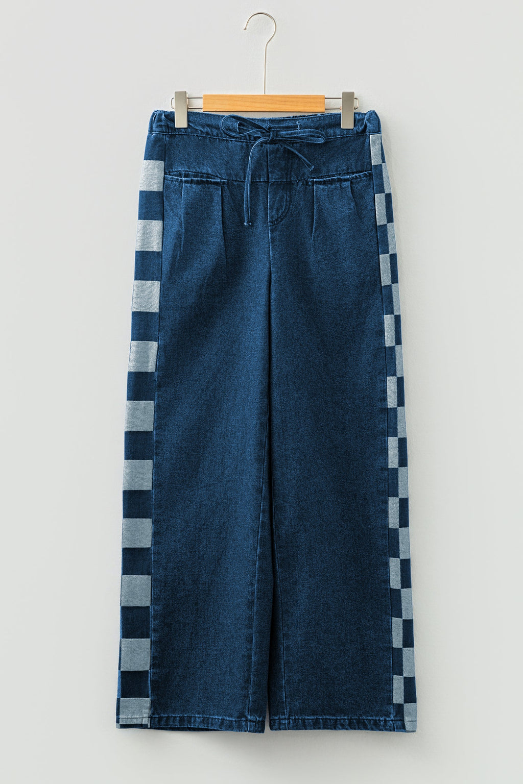 Sail Blue Checkered Side Panel Patchwork Drawstring Loose Denim