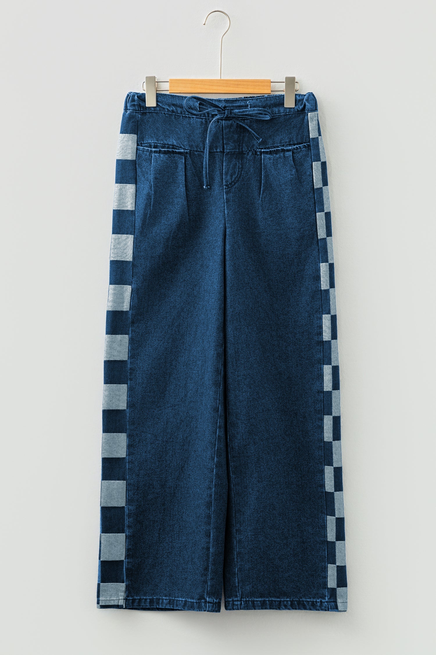 Sail Blue Checkered Side Panel Patchwork Drawstring Loose Denim