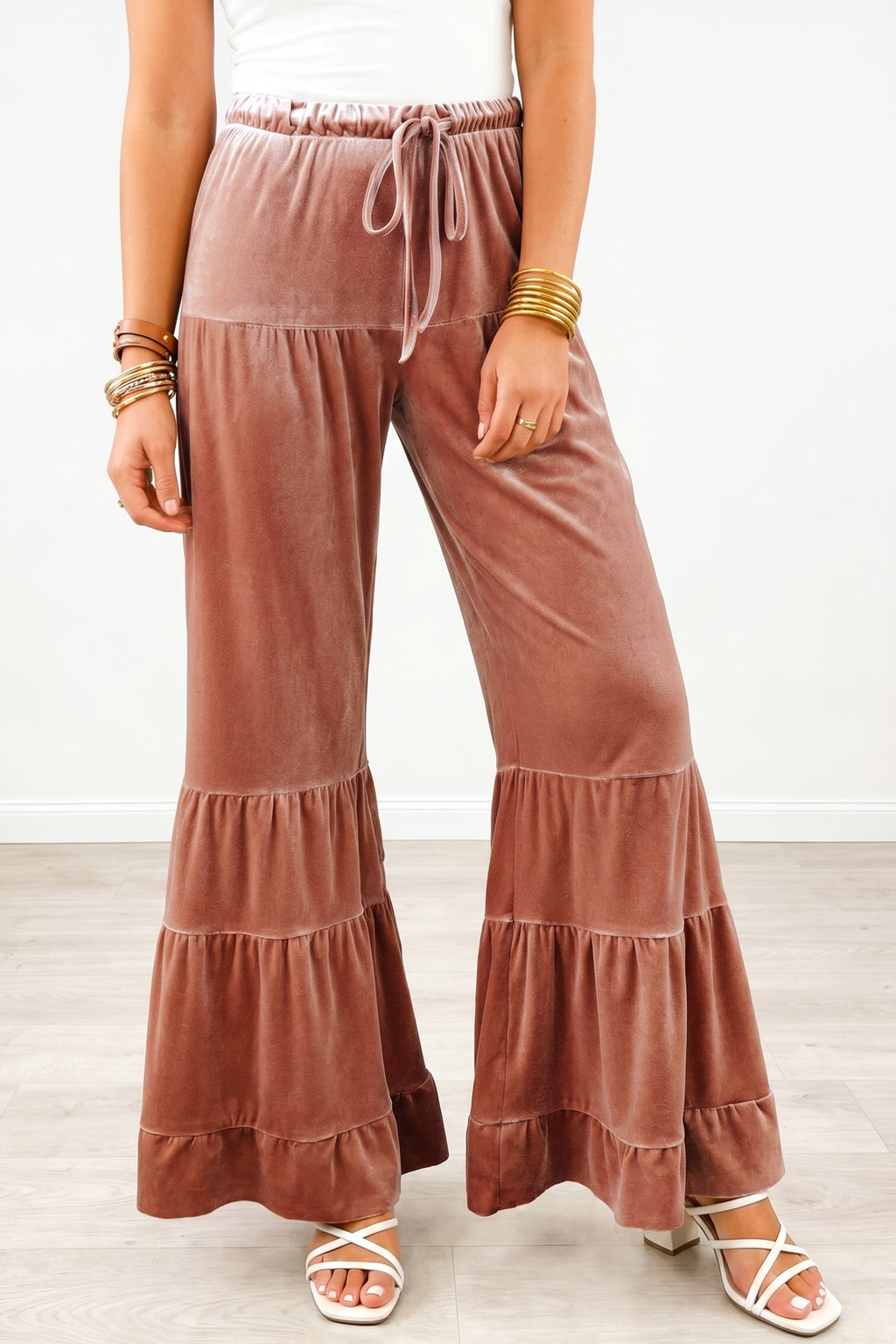 Glunel Straw Yellow Mineral Wash Lace-up High Waist Tiered Bell Bottom Pants