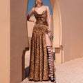 Camelia Pile Collar Mid Waist Long Side High Split Leopard Print Dress - Vestir en Moda