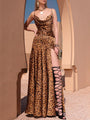 Camelia Pile Collar Mid Waist Long Side High Split Leopard Print Dress - Vestir en Moda