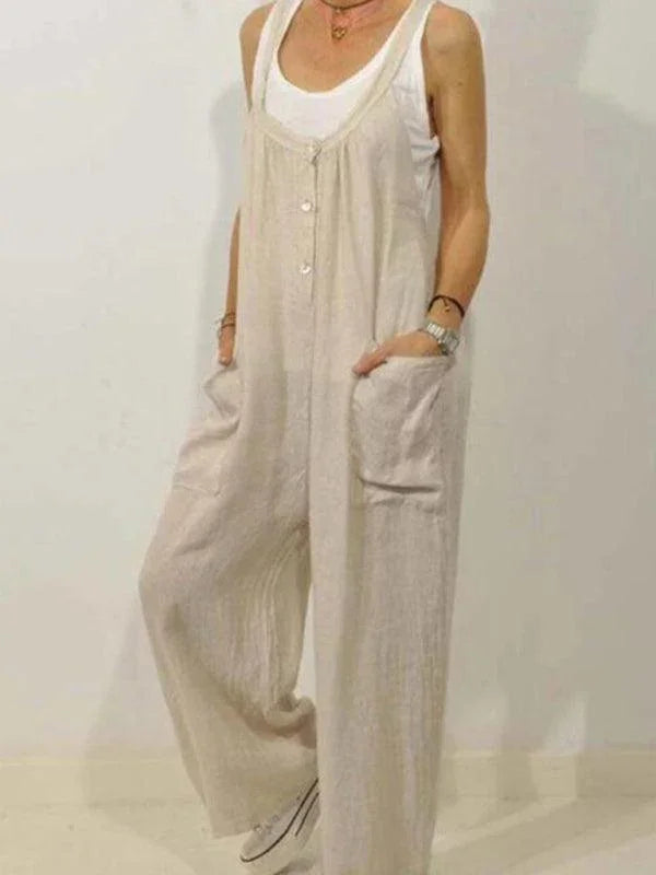 Camila Cotton Women Pocket Solid Elastic Band Button Jumpsuits - Vestir en Moda