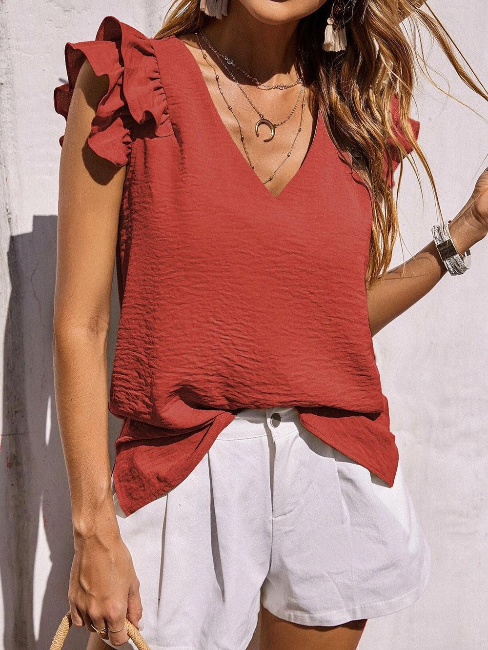Camila Spring Casual V neck Ruffled Vest Blouse - Vestir en Moda