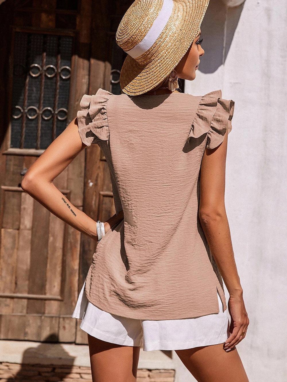 Camila Spring Casual V neck Ruffled Vest Blouse - Vestir en Moda