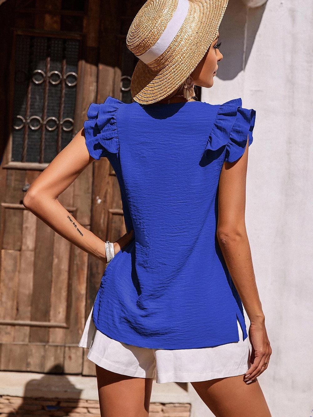 Camila Spring Casual V neck Ruffled Vest Blouse - Vestir en Moda