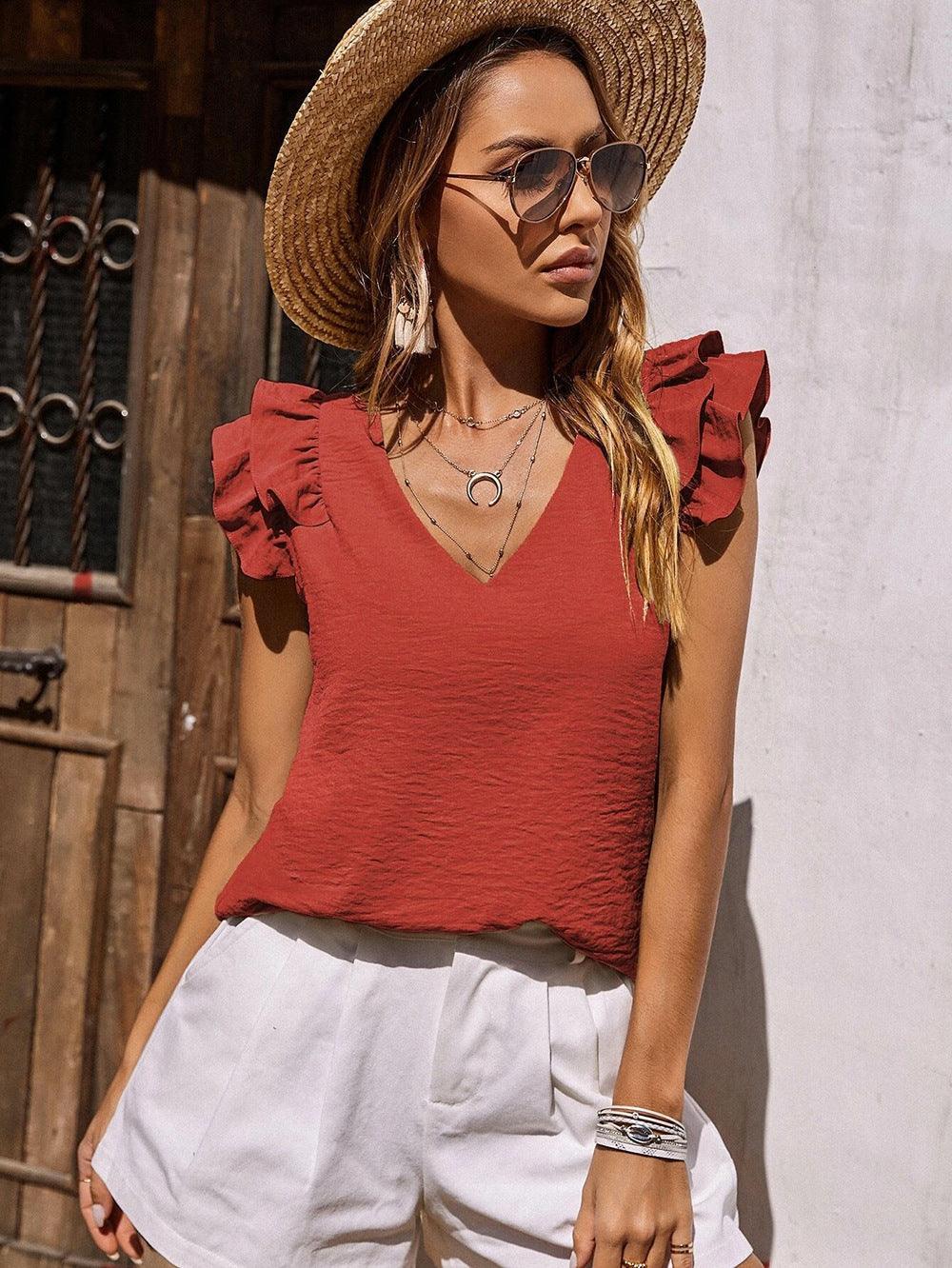Camila Spring Casual V neck Ruffled Vest Blouse - Vestir en Moda