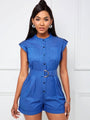 Camila Street Blue Cap Sleeve Pockets Short Rompers - Vestir en Moda
