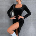 Camilla Sexy Slit Elegant Slim Fit Square Collar Long-Sleeved Velvet Dress - Vestir en Moda