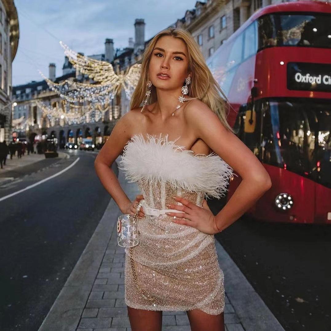 Carmela Short High Waist Sexy Feather Dresses - Vestir en Moda
