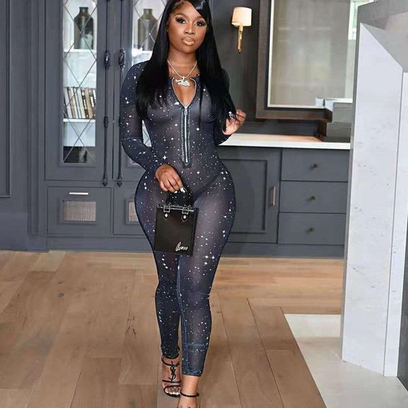 Carmen Sexy Elegant Galaxy Print Mesh Sheer Jumpsuits Women - Vestir en Moda