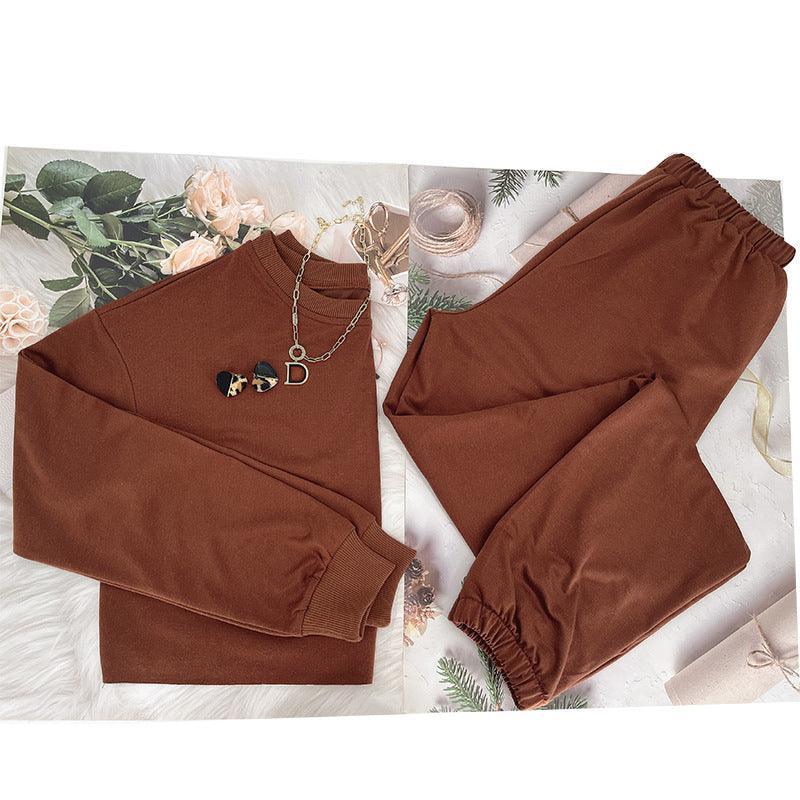 Cataleya Solid Color Round Neck Pullover Cropped Long Sleeve Set - Vestir en Moda
