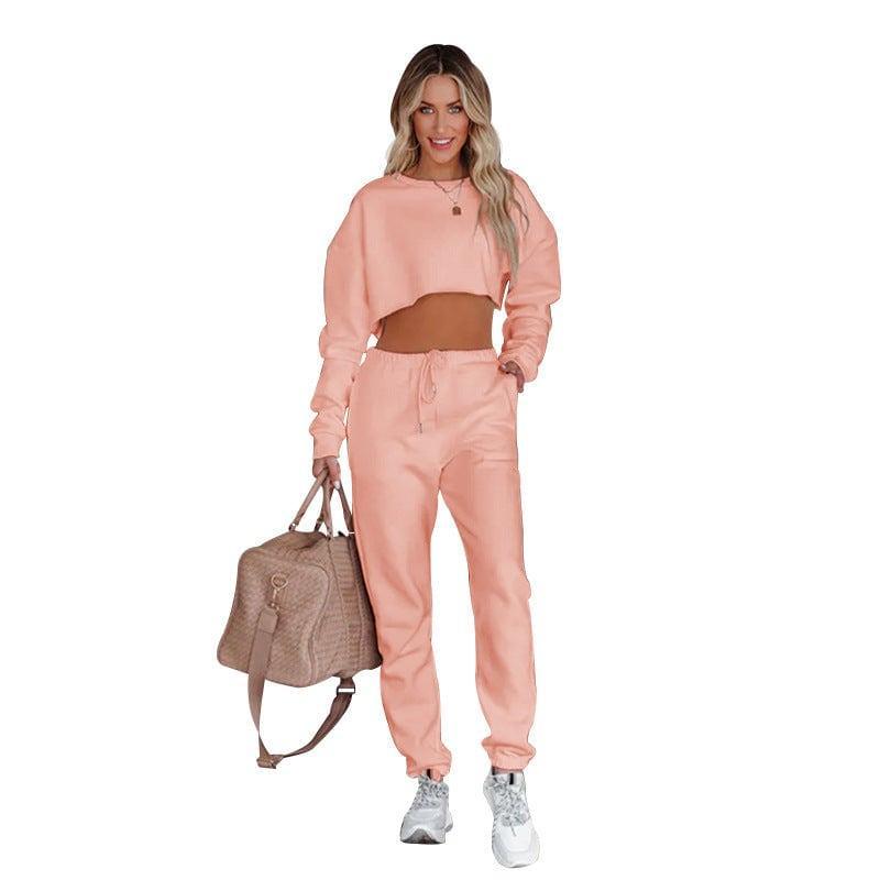 Cataleya Solid Color Round Neck Pullover Cropped Long Sleeve Set - Vestir en Moda