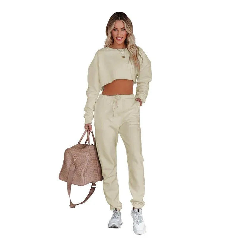 Cataleya Solid Color Round Neck Pullover Cropped Long Sleeve Set - Vestir en Moda