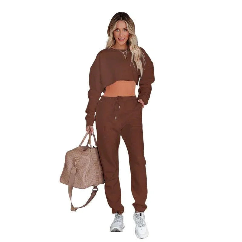 Cataleya Solid Color Round Neck Pullover Cropped Long Sleeve Set - Vestir en Moda
