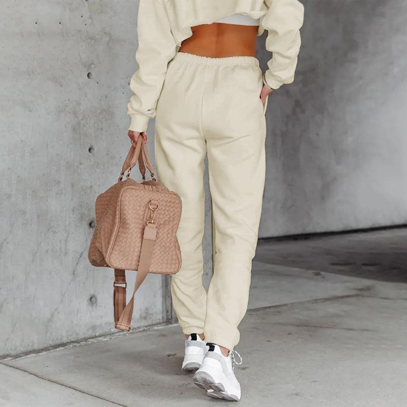 Cataleya Solid Color Round Neck Pullover Cropped Long Sleeve Set - Vestir en Moda