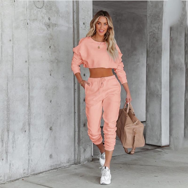 Cataleya Solid Color Round Neck Pullover Cropped Long Sleeve Set - Vestir en Moda