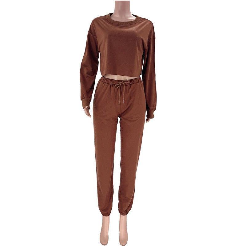 Cataleya Solid Color Round Neck Pullover Cropped Long Sleeve Set - Vestir en Moda