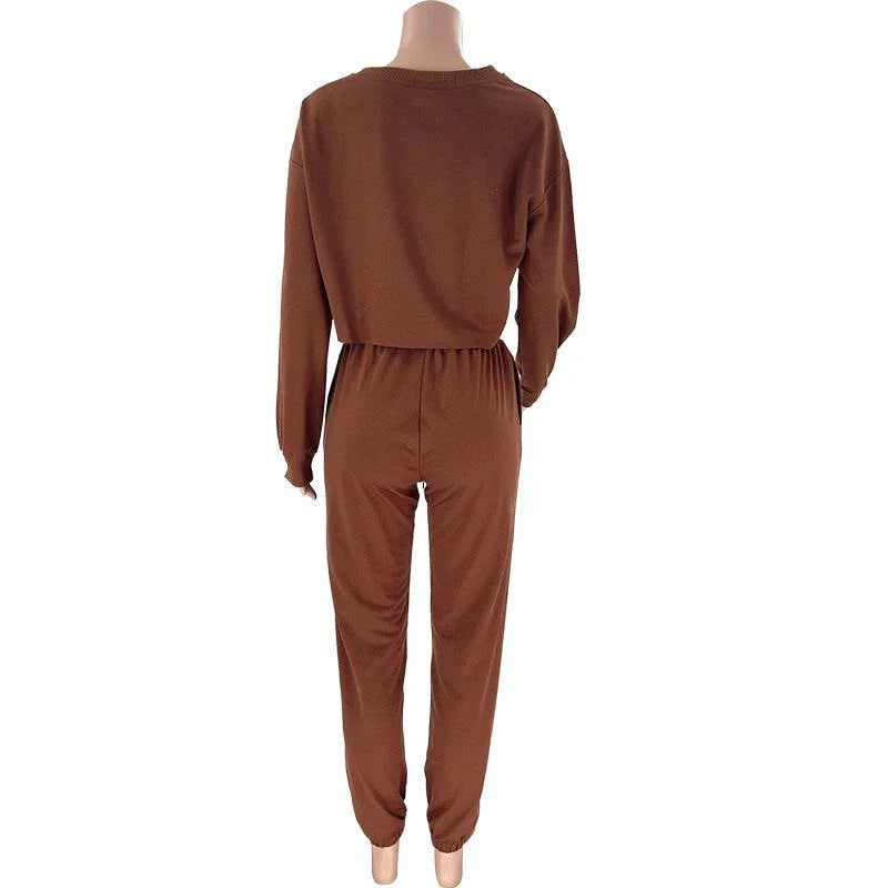 Cataleya Solid Color Round Neck Pullover Cropped Long Sleeve Set - Vestir en Moda