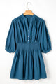 Roddie Prussian Blue 3/4 Sleeve Shirred High Waist Buttoned Mini Dress