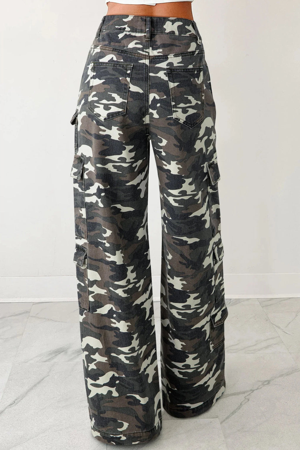 Camo Denim Cargo Wide Leg Pants