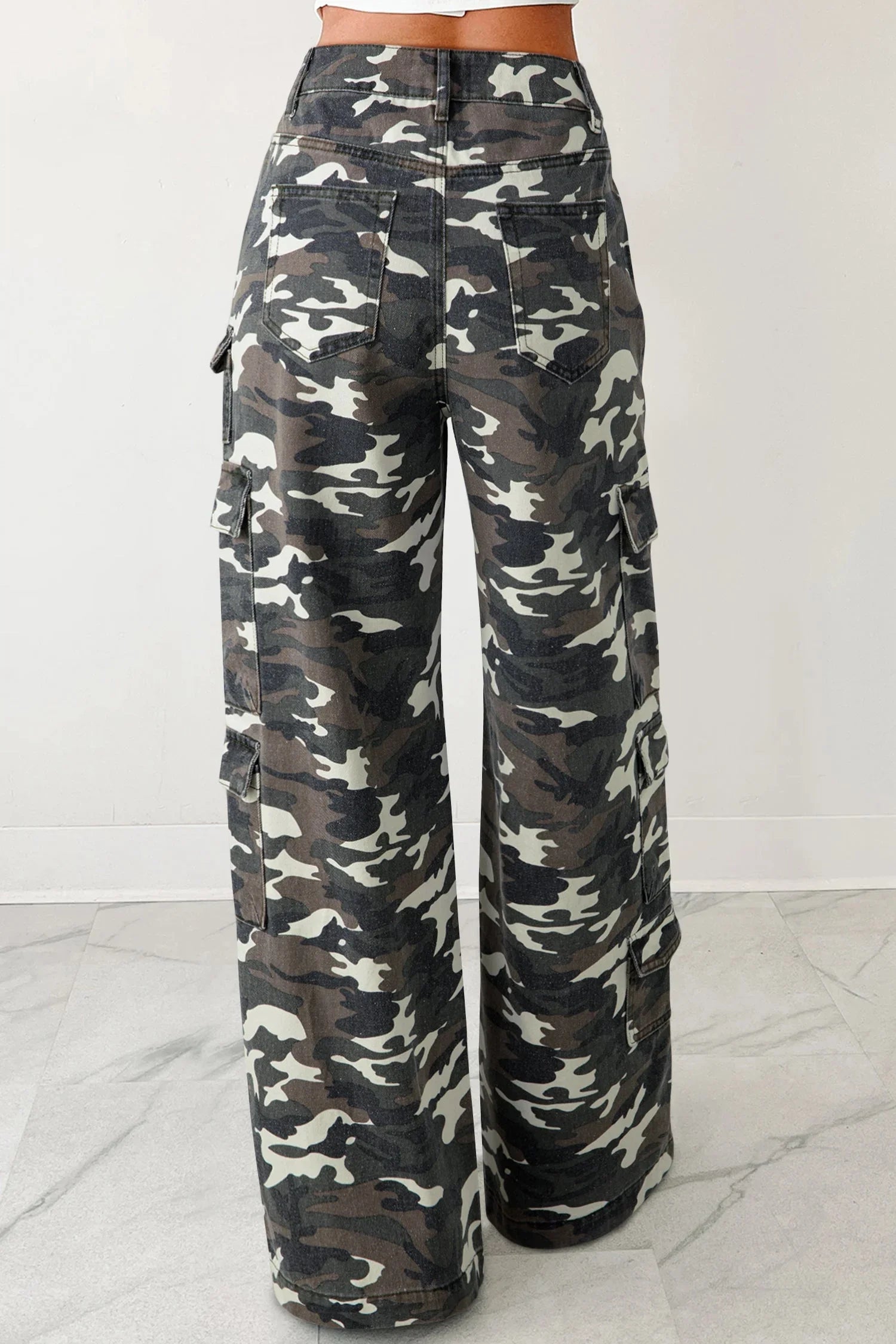 Camo Denim Cargo Wide Leg Pants