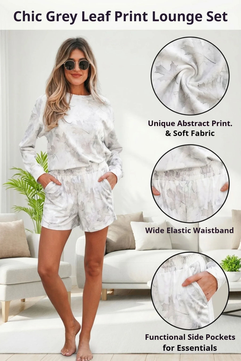 Justine Beige Maple Camo Print Pullover Top and Elastic Waist Casual Short Set
