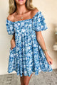 Bowly Blue Floral Puff Sleeve Babydoll Mini Dress