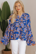 Marengo Gray Morn Floral Print Batwing Sleeve Buttoned Loose Fit Shirt