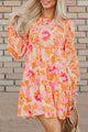 Lonnie Orange Abstract Print Smocked Lantern Sleeve Ruffle Mini Dress