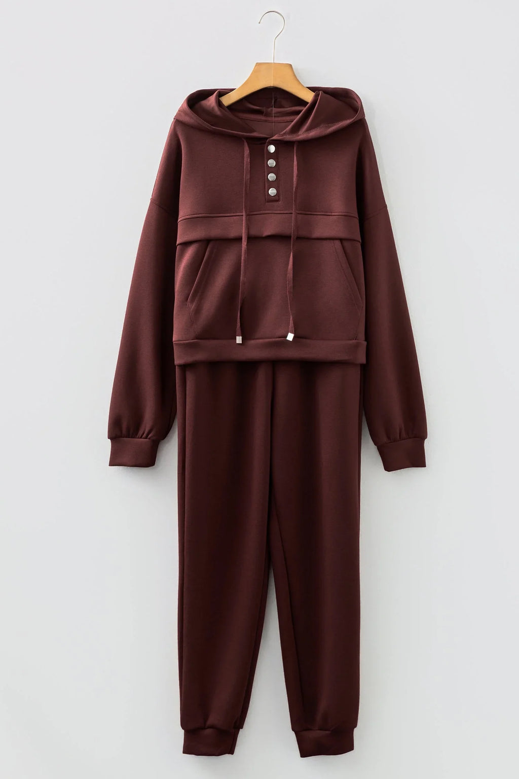 Chicory Coffee Button Drawstring Cropped Hoodie Jogger Set