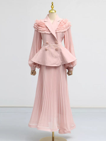 Karina Frill Lapel Collar Pleated Two Piece Sets